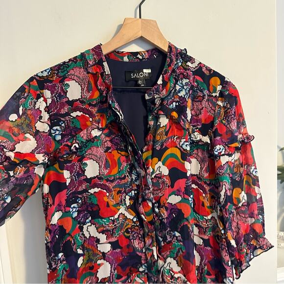 Saloni Red Blue Printed Silk Button Front Mini Dress 4 - Picture 14 of 16